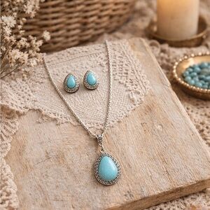 Turquoise Teardrop Necklace & Earrings Set  Silver Tone Boho Western Jewelry NWT